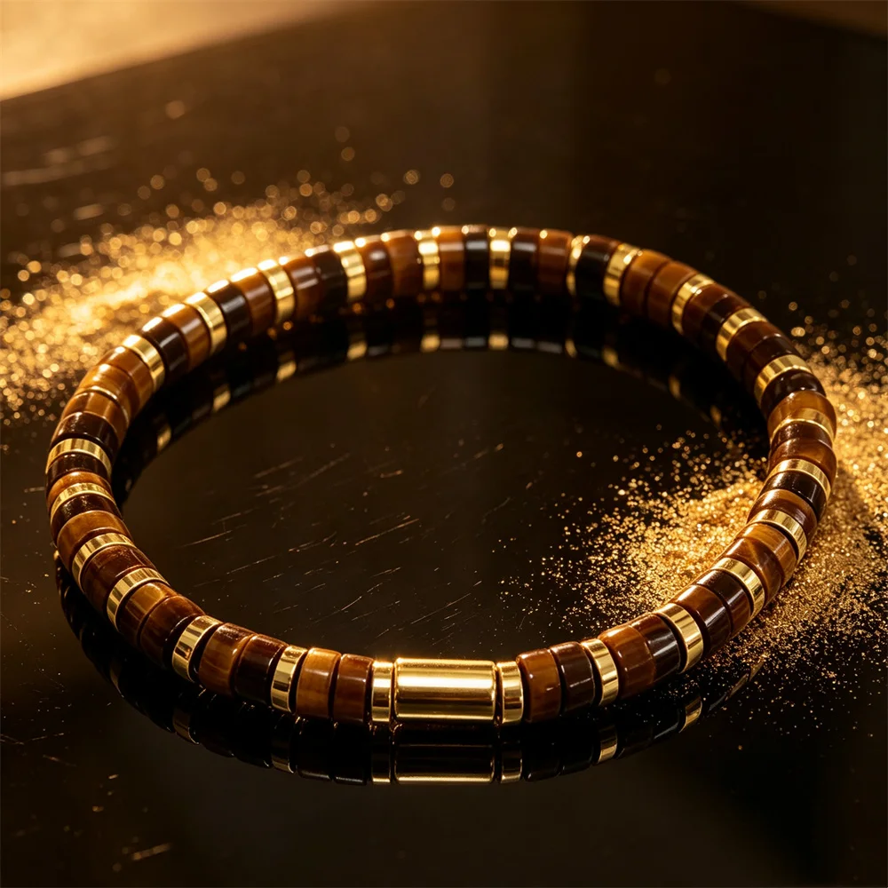 Men's Natural Tiger'S Eye Bracelet Handmade Golden-Toned Bead String Symbol of Power And Success, Versatile Gentleman Accessory