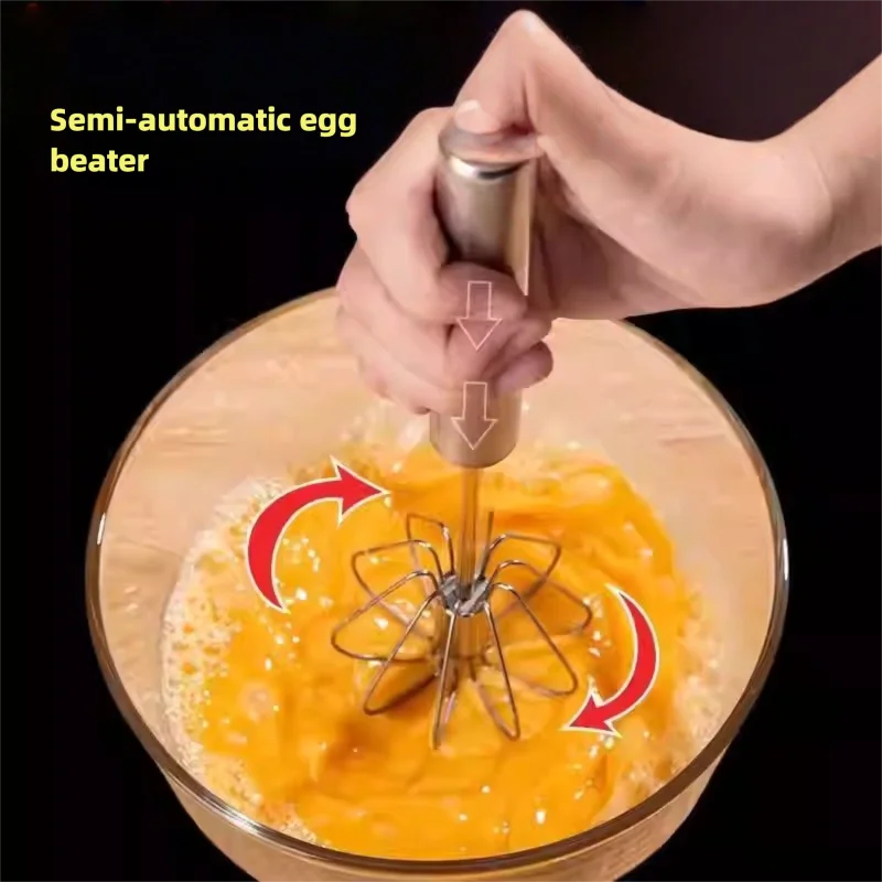 Batidor de huevos semiautomático, mezclador manual, auto giratorio, acero inoxidable, fácil batidor de mano, batidor de crema de huevo, para hornear y cocinar