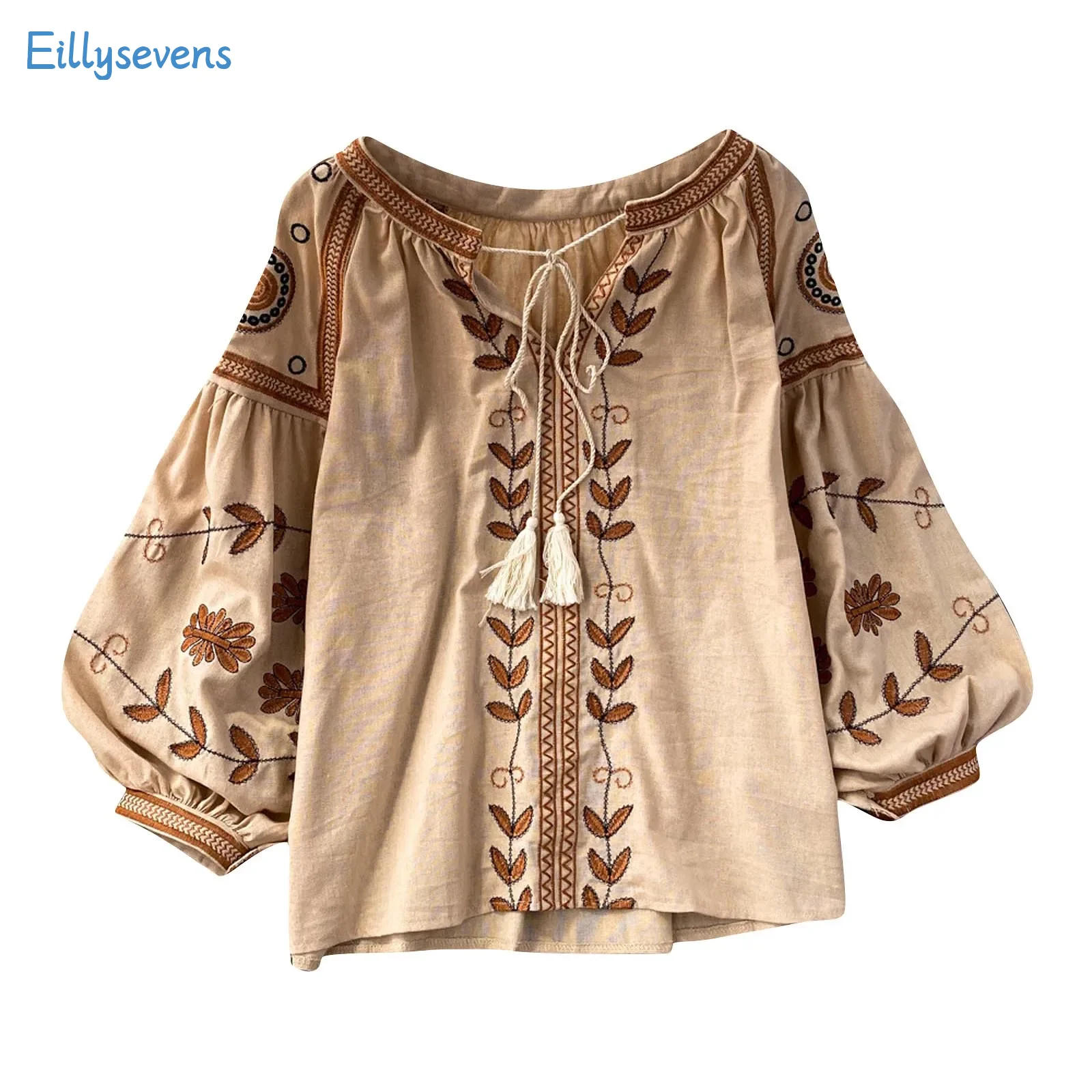 Women Vintage Shirts Tops Causal Lace-Up Round Neck Loose Patchwork Cotton Linen Pullover Tops Ethnic Style Lantern Sleeve Tops