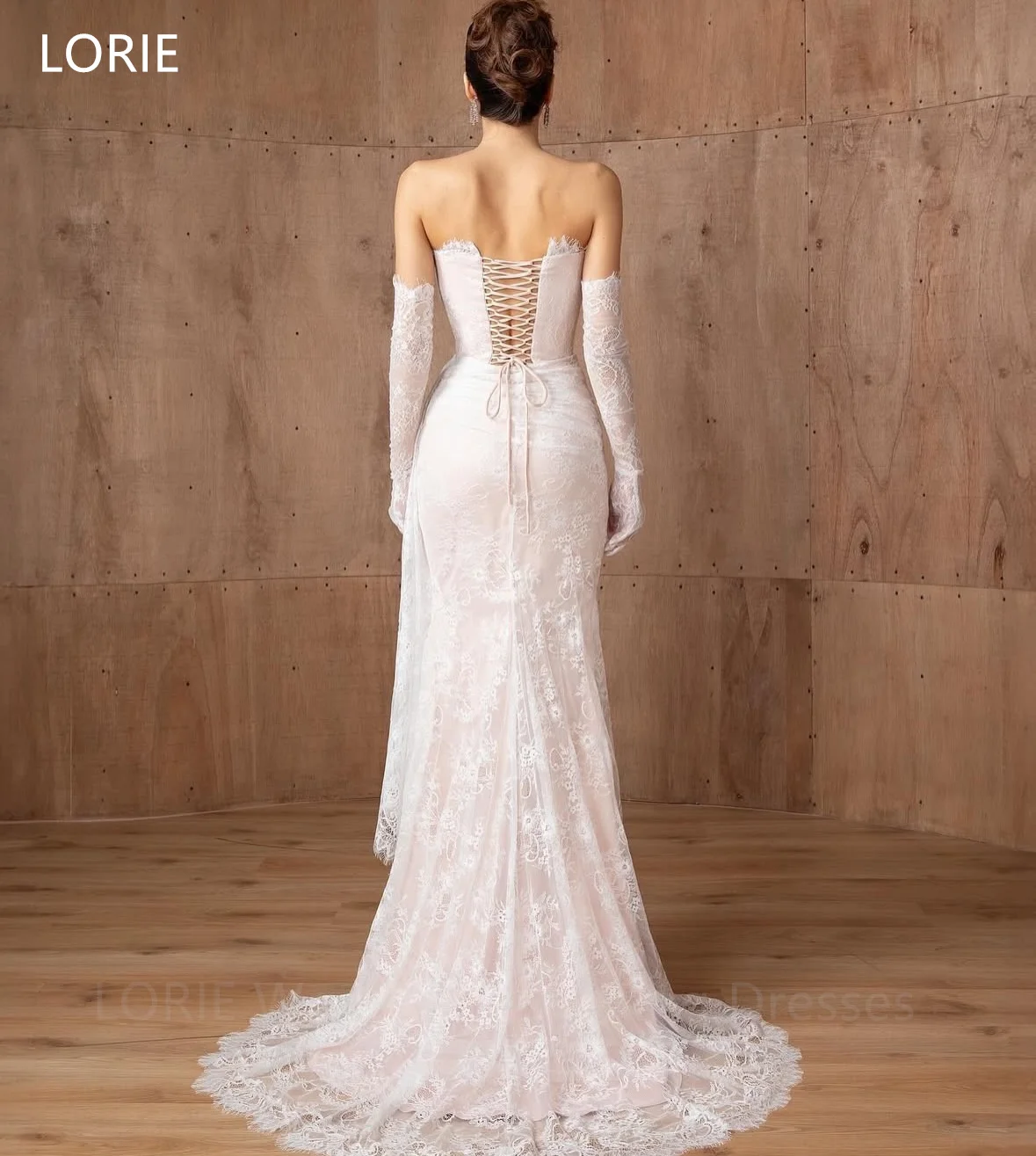 LORIE فساتين زفاف رائعة دانتيل بدون حمالات طيات حورية البحر فستان حفلات العروس بأربطة بطول الأرض زي العرائس حسب الطلب
