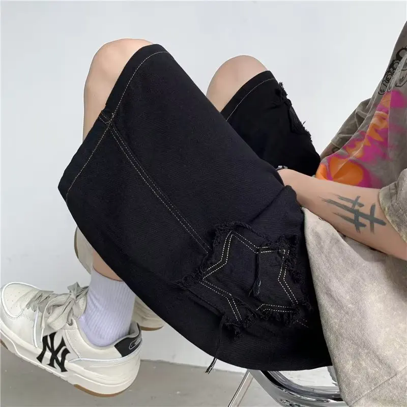 Star Patchwork Shorts for Men Vintage Denim Summer Loose Hip Hop Streetwear Oversize Men\'s Shorts Korean Fashion