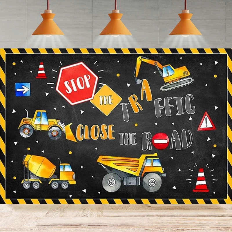 Construction Birthday Photography Backdrop Dump Truck Yellow Digger Poster Background Home Party Backdrop Wall Banner Decor