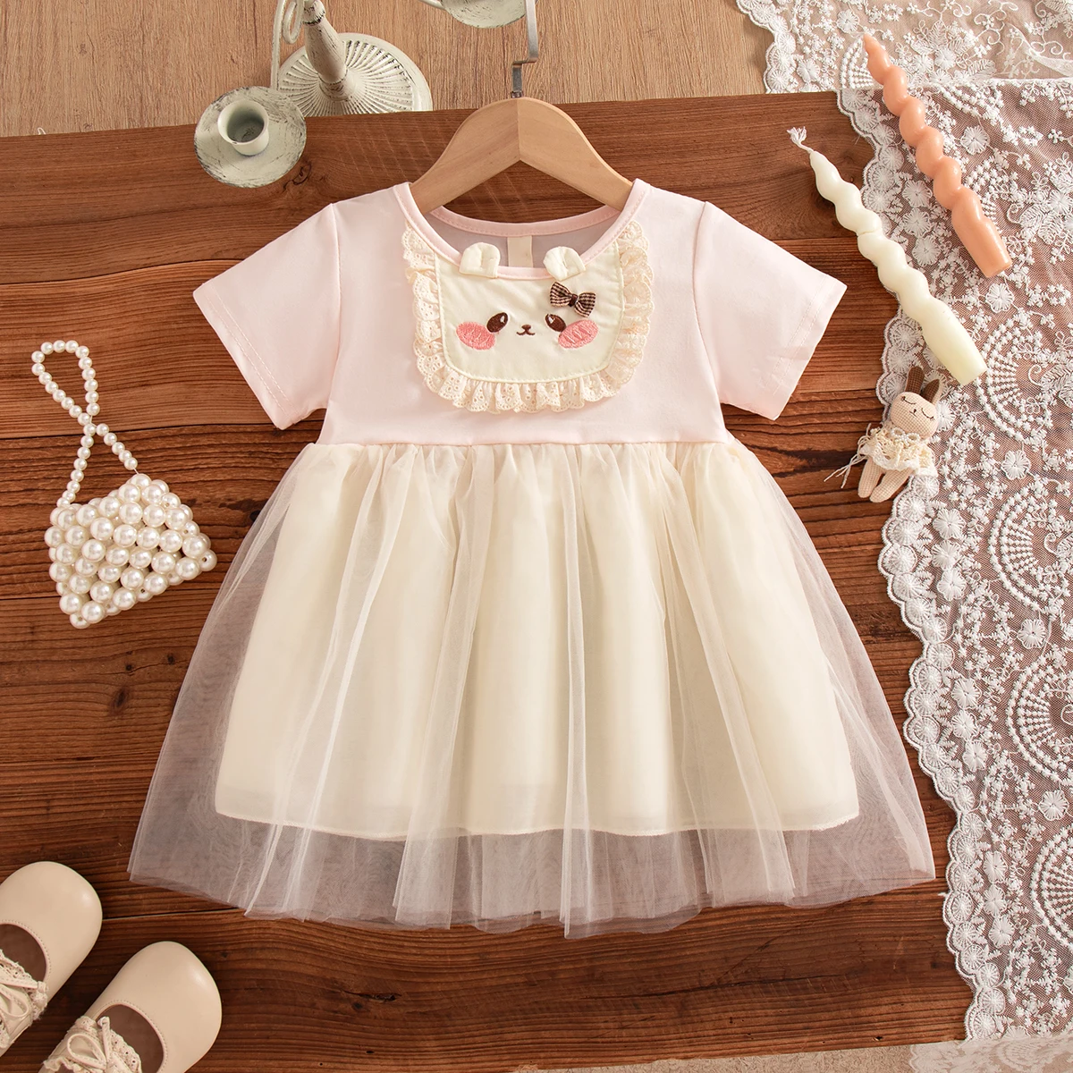 Toddler Girl Pink Dress Cute Decorate Short Sleeve Tulle Princess Dress Girls Summer Daily Outfit OOTD