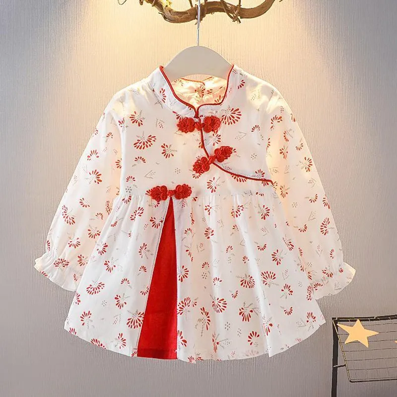 Vestido cheongsam manga comprida infantil, vestido de princesa, hanfu, roupa de menina, primavera e outono, novo