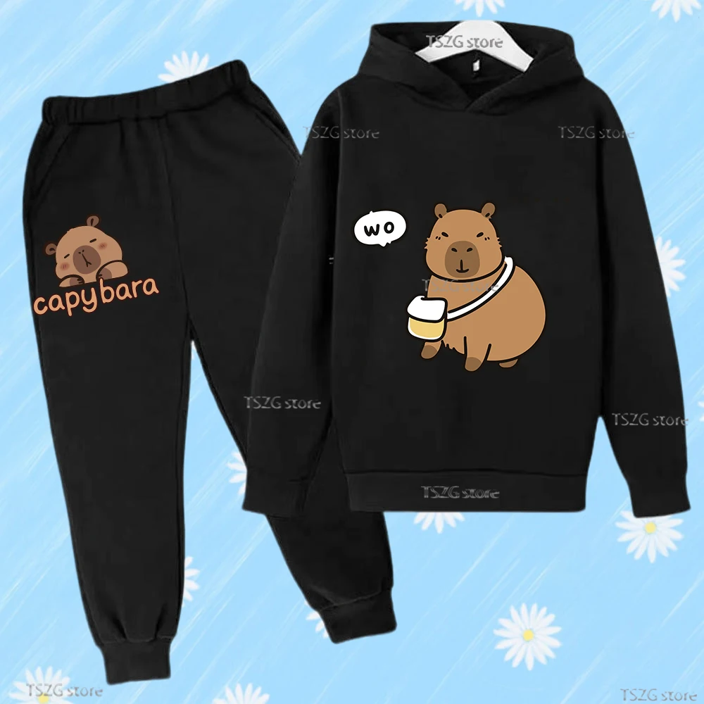 

Весенне-осенние теплые брюки с рисунком капибары для мальчиков и девочек, комплекты брюк, костюмы, повседневный спортивный костюм с капюшоном, флисовый детский комплект с капюшоном