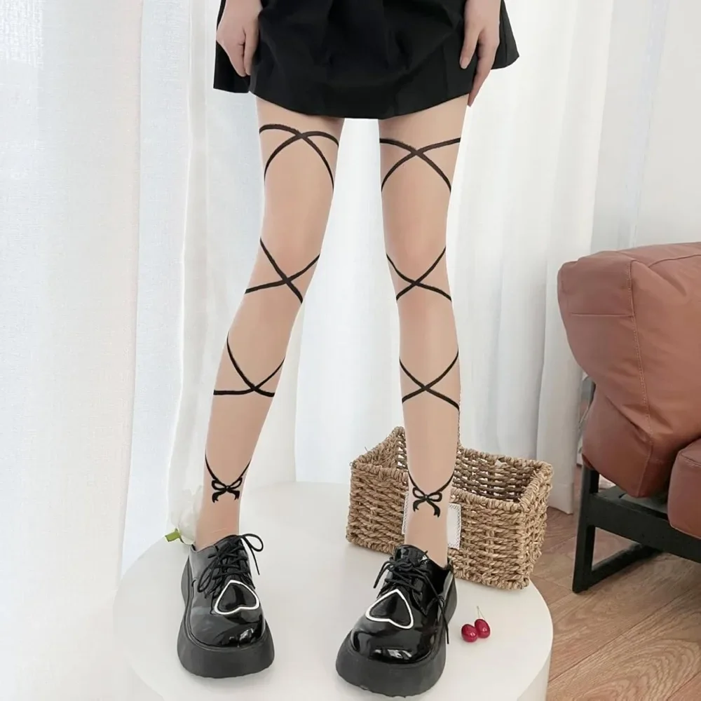 ลวดลาย Sheer Tights สําหรับผู้หญิง Gothic Punk ต้นขาสูง Pantyhose Harajuku Lolita ผ้าพันคอ Fishnet ถุงน่อง