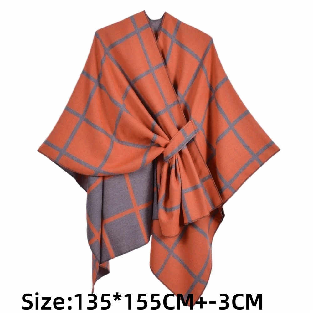 Warm Coat Plaid Design Travel Shawl Open Front Solid Color Poncho Wrap Vintage Style Thick Blanket Cardigan Shawl Fall Winter view 6