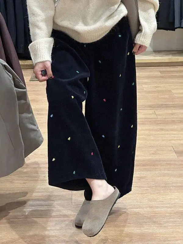 

High Waist Wide Leg Pants Casual Design Embroidered Heart Pattern Winter Faion Women's Loose Fit Trousers Comfortable Casua...