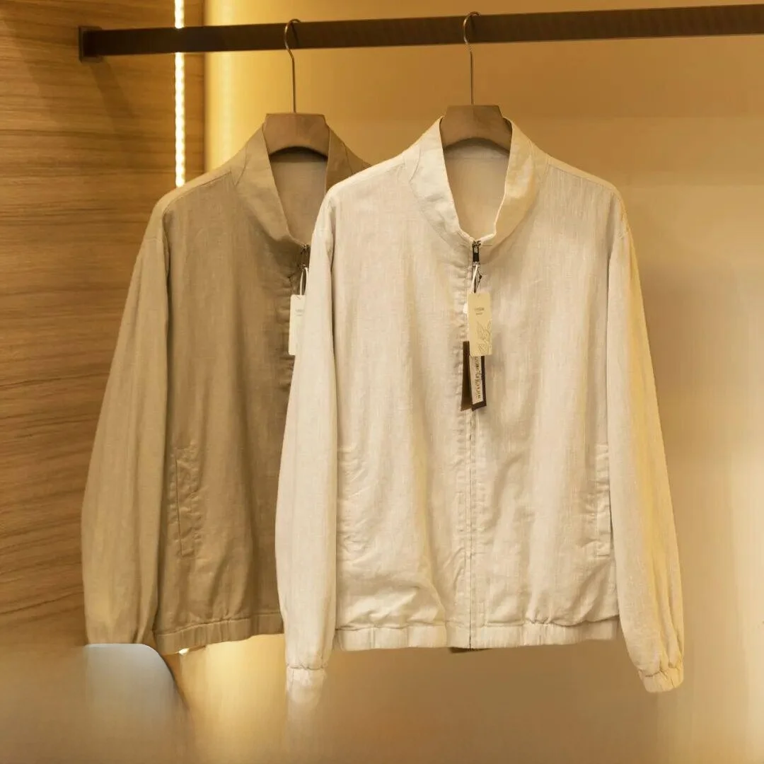 

Легкая мужская куртка из смесового льна и хлопка с воротником, повседневная, приталенного кроя, с длинными рукавами, на молнии