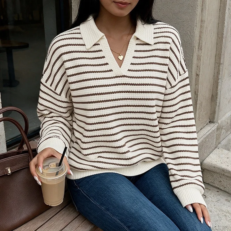Blouses Women Sweatshirts Shirt Vintage Turn Down Collar Full Sleeve Tops Striped Y2k Streetwear Elegant Shirts Autumn Winter