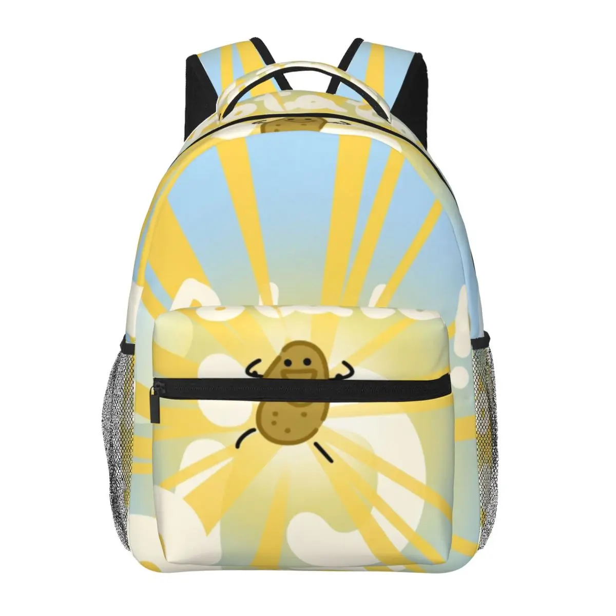 Aesthetic School Backpack Center Potato Characters Whimsical Illustration Light Blue Multi Color Cool Bookbag for Girls Boys Men