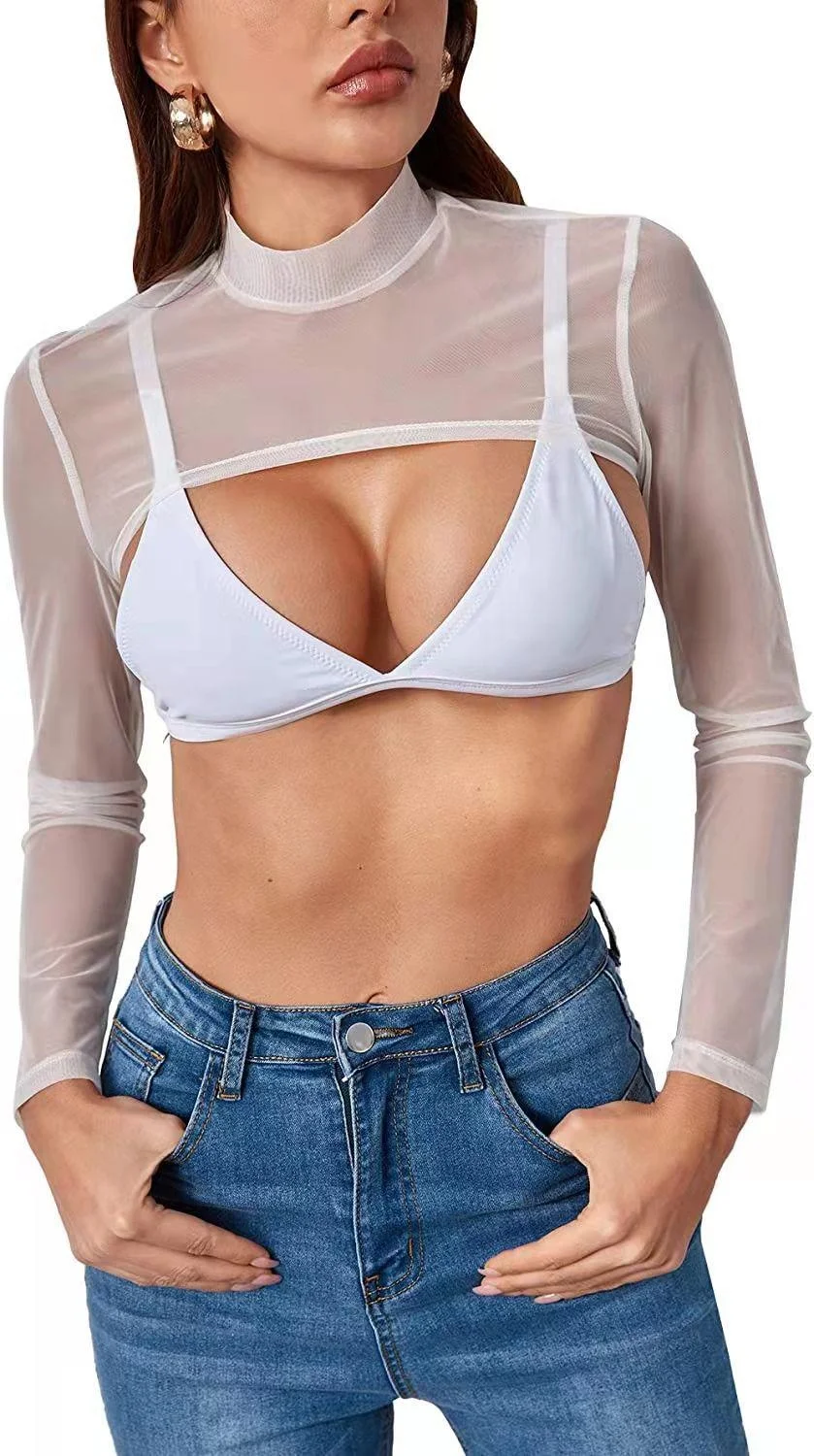 Dames Sexy Zwart Effen Nep-Hals Mesh Afgesneden Lange Mouw Doorschijnend Schouderoverhemd Slim-Fit Top Y 2K Streetwear