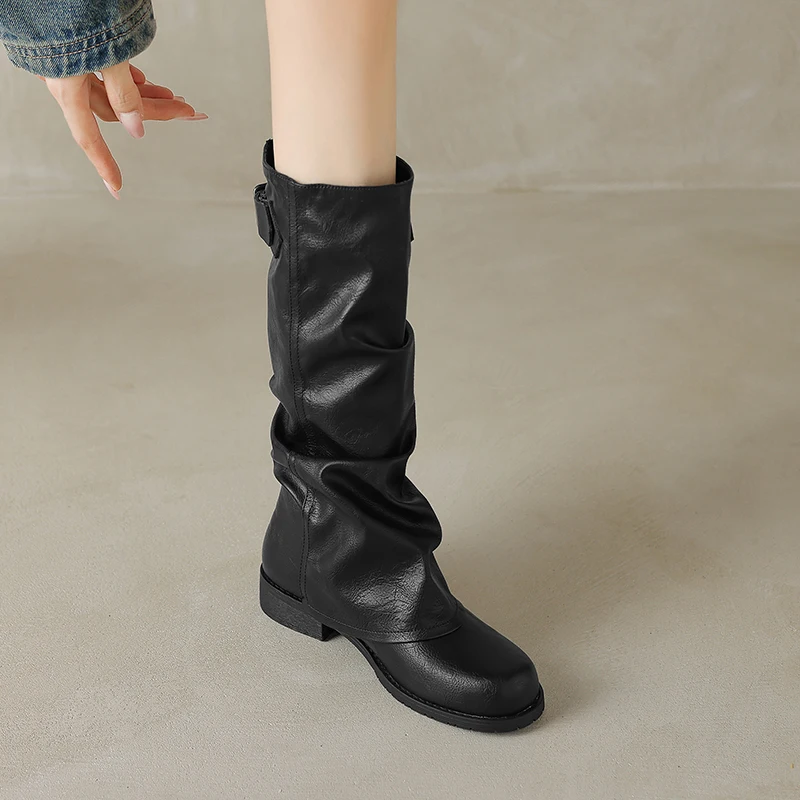 2024 jesienne buty damskie solidne zimowe buty damskie eleganckie buty do kolan Split skórzane plisowane Retro do połowy łydki buty zachodnie