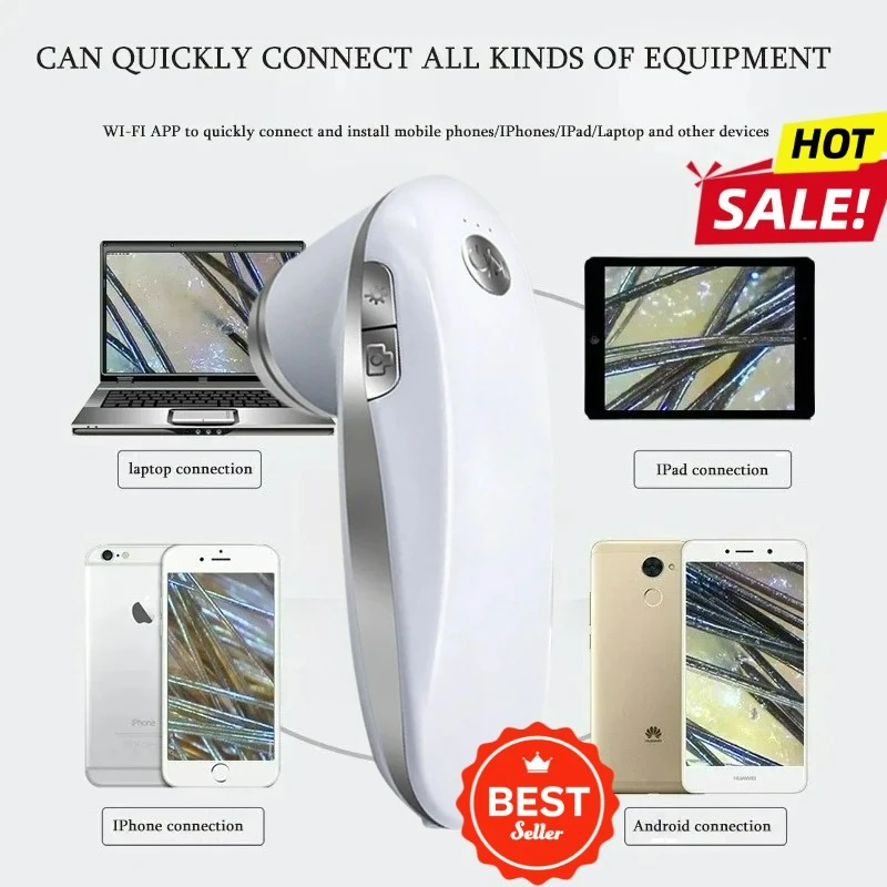 무선 200배율 두피 현미경 모낭 탐지기, HD 화면, 스마트폰 실시간 보기 가능한 충전식 피부 분석기