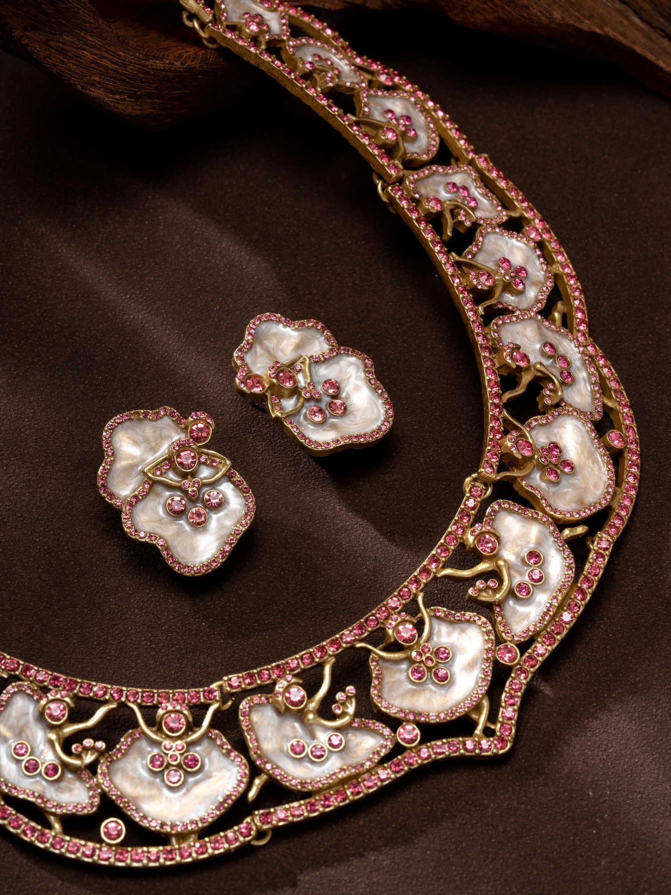 Vintage heavy-carved mother-of-pearl and pink diamond jewelry two-piece set
