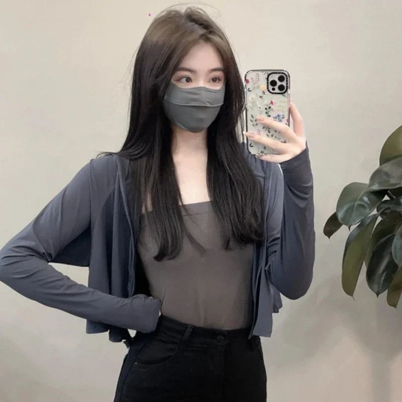 Jaqueta à prova de sol feminina, fina e respirável, estilo coreano, monocromática, combina com tudo, chique, casual, moda solta, temperamento feminino, verão