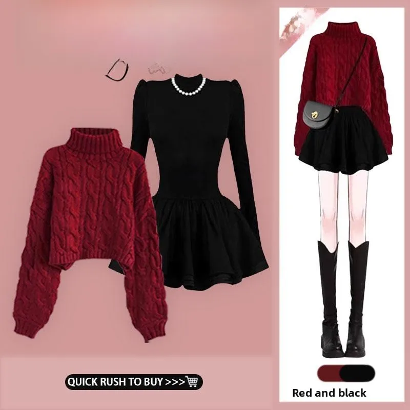 

Красный свитер с высоким воротником и черный комплект из двух предметов: осенний модный женский комплект с эффектом стройности и премиальным ощущением элегантности.