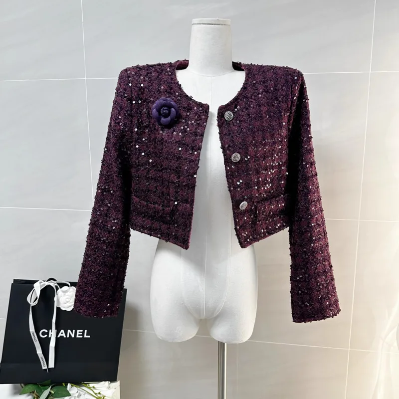 Early Autumn New French Luxury Sequins Tweed Coats Fashion Vintage 3D Flower Short Jackets For Women Elegant Fashion Outerwears