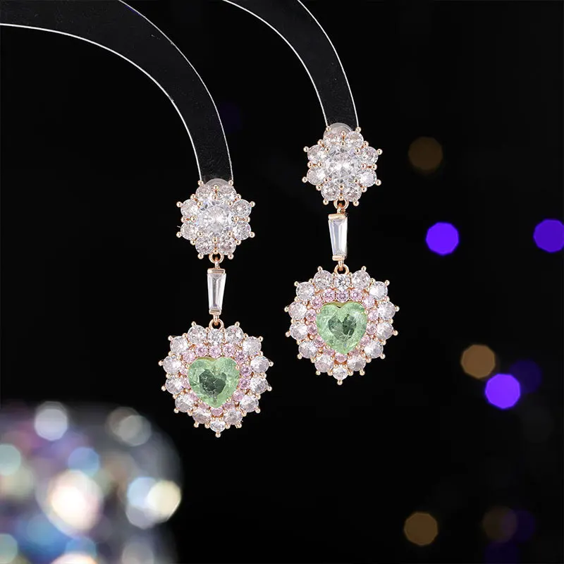 

Colorful micro-inlaid heart-shaped flower earrings, women's candy-themed super flash zircon light luxury exquisite earrings
