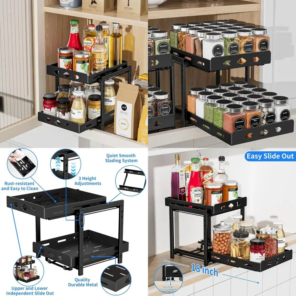 

Adjustable 2-Tier Metal Spice Rack Organizer, Vertical Cabinet Storage, Black, 9.7x10.8x9.2 inches