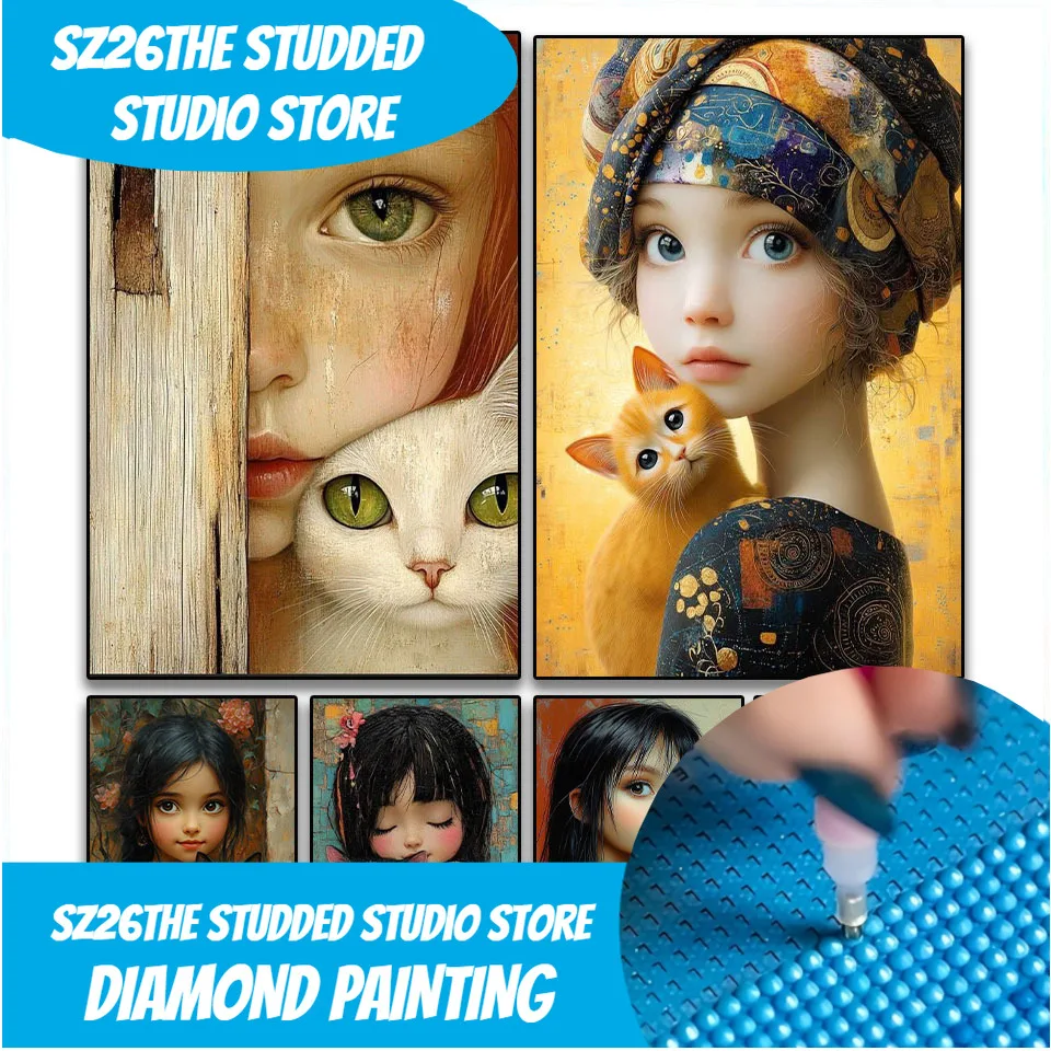 

Sz26The StuddedDIY алмазная живопись художественная мозаика девушка с кошачьей вышивкой 5D круглые стразы ручная работа вышивка крестиком домашний декор Gi