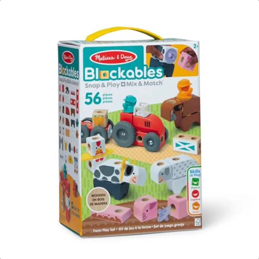 Melissa Doug Blockables Farm Snap and Play Mix and Match Anschließbare Holzbausteine Spielset Spielzeug für Vorschuljungen und