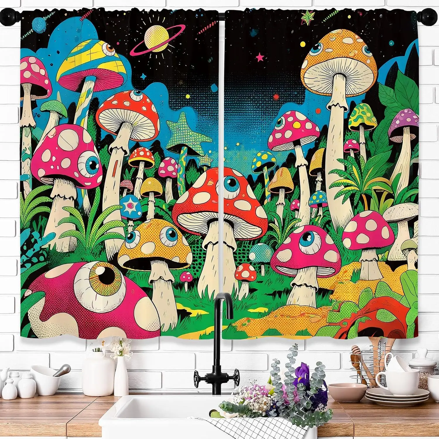 Trippy Eye Mushroom Curtain 2 Panels, Color Psychedelic Fungus Planet Star Space Print, Drapes for Kitchen Hippie Decor Curtain