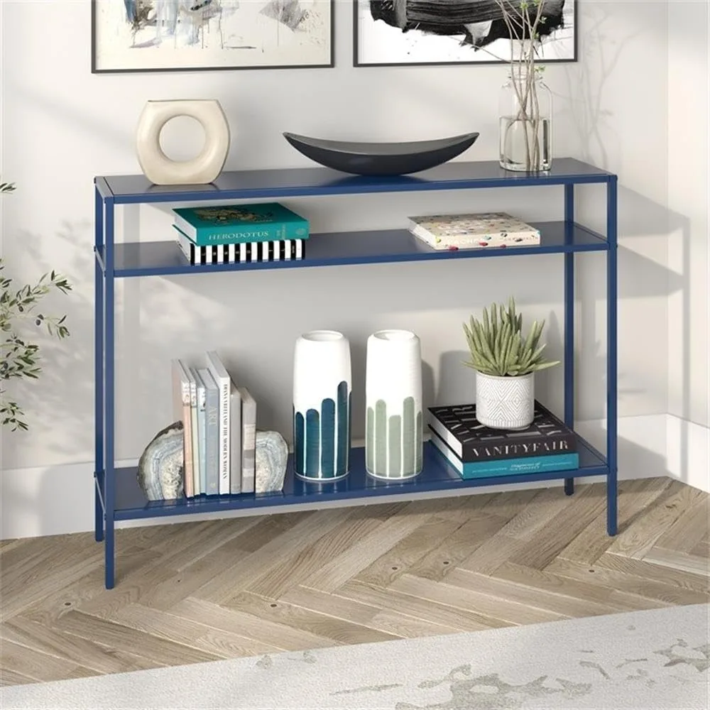 

42 Wide Rectangular Console Table with Metal Shelves in Mykonos Blue, Entryway Table, Accent Table for Living Room
