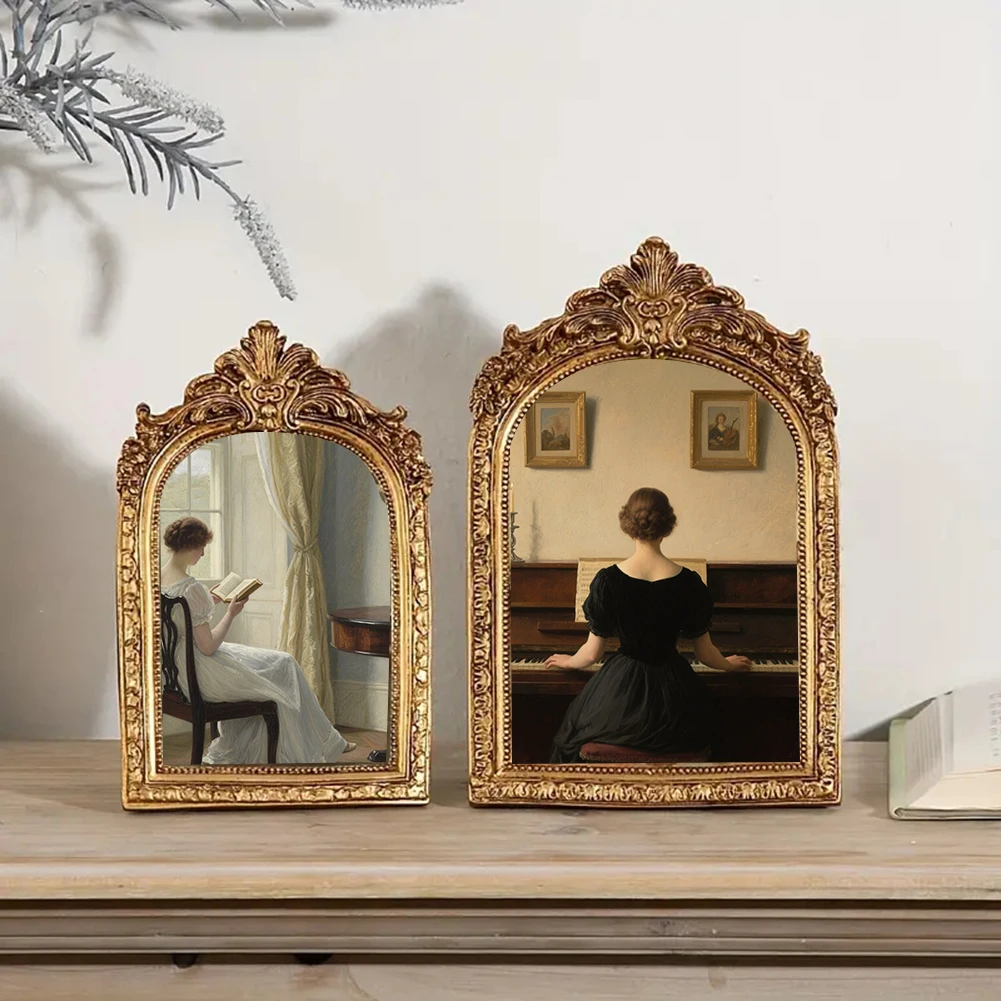 

Resin Handmade Picture Frame in Vintage Gold Finish with Elegant Floral Carvings and Arch Design for Home Photo Display