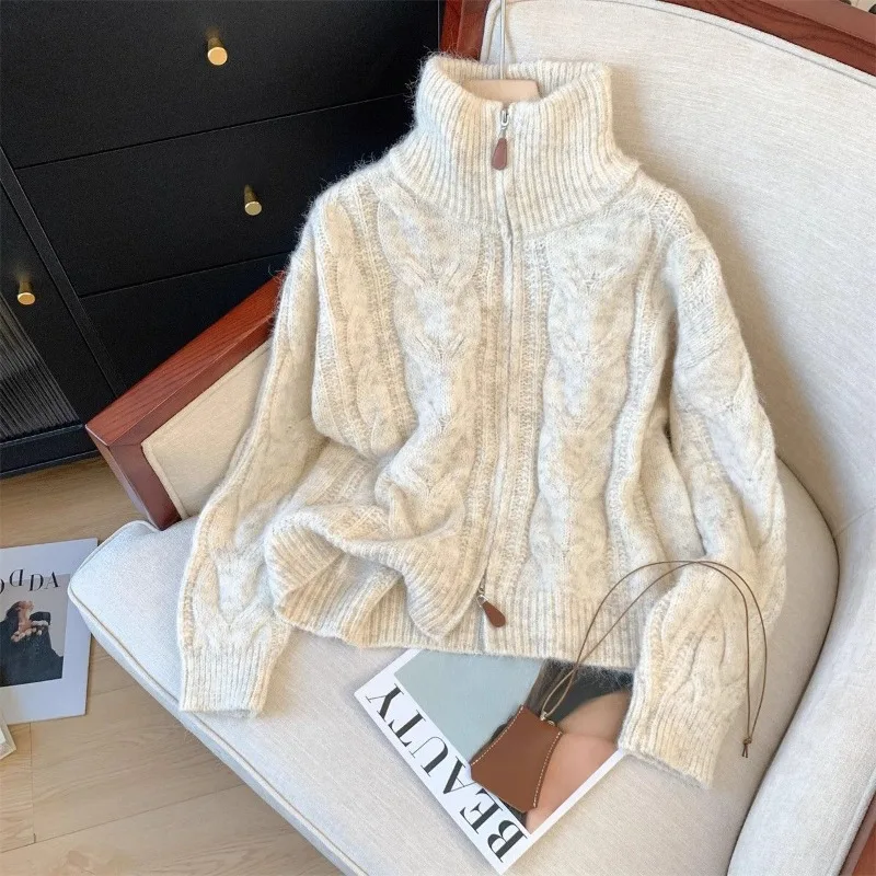 

Осенне-зимний модный новый женский шерстяной вязаный кардиган с воротником-стойкой на молнии, повседневный толстый теплый свитер для поездок на работу