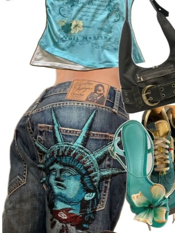 

Винтажные джинсы Y2k Liberty с блестящими стразами, повседневные джинсовые брюки с низкой талией, прямые широкие джинсы, Harajuku, женская одежда 2000-х годов