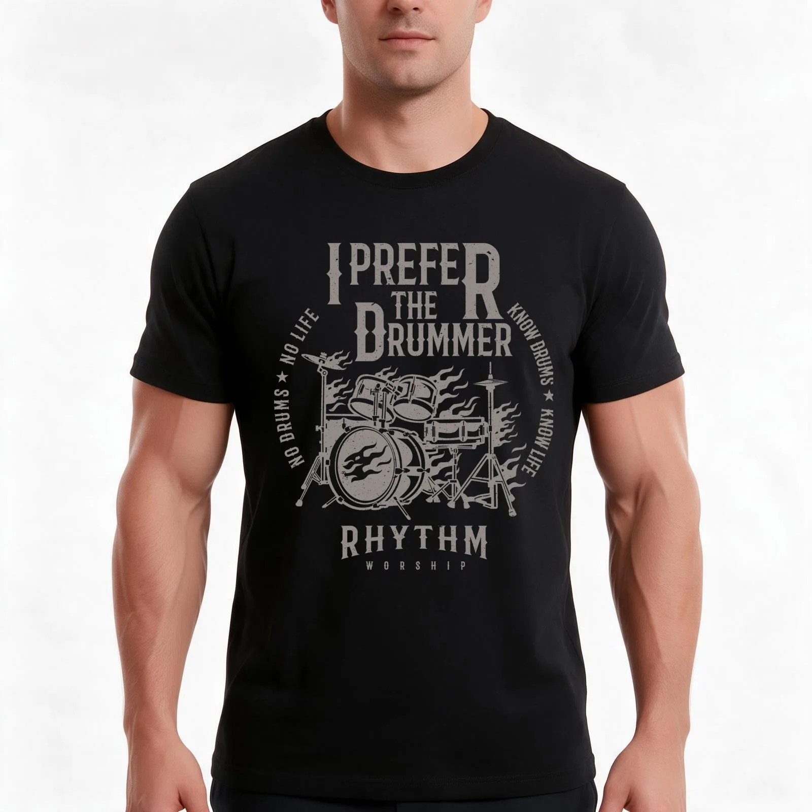 I prefer the drummer (grey) T-Shirt, Summer Casual Cotton Tee, Oversized Streetwear Tops, Vintage Graphic Print, 100% Cotton