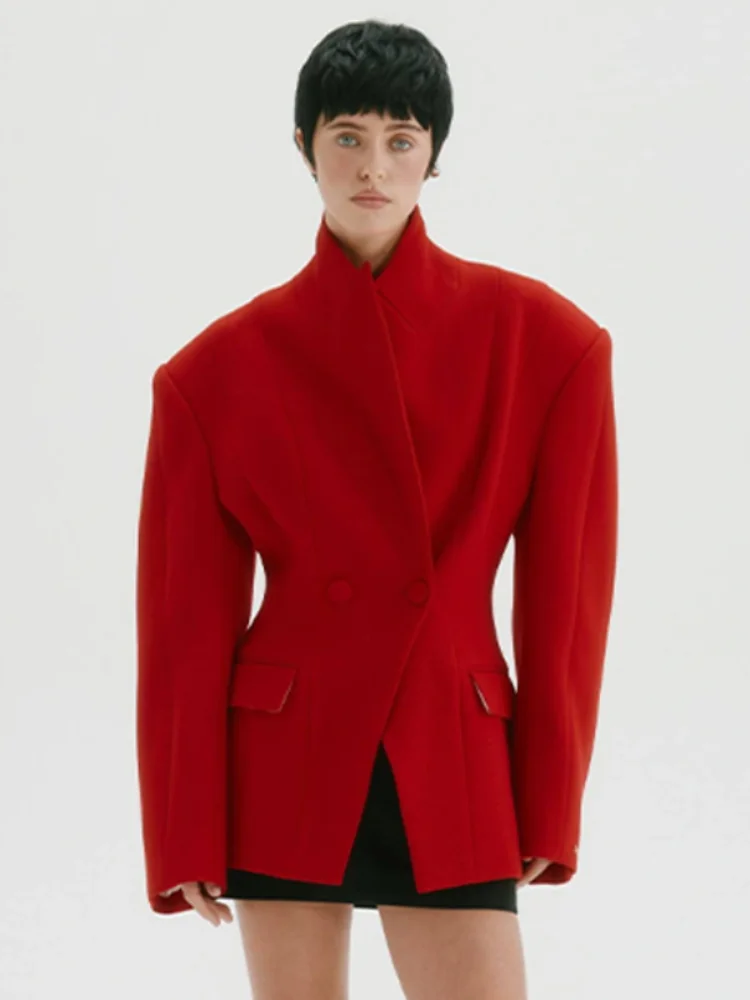 

Модный красный шерстяной блейзер, женский двубортный пиджак с лацканами и оверсайз на плечах, с завязкой на талии, весна-осень 2026, верхняя одежда
