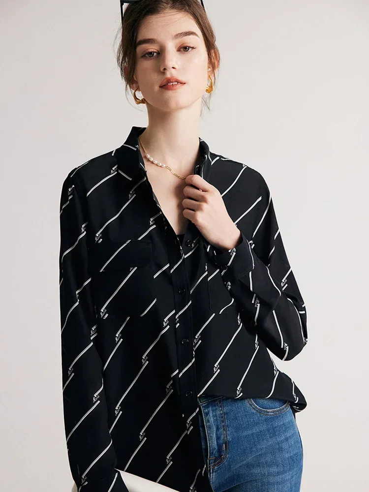 Women Stripes Shirts 100%Silk Crepe De Chine Single Breasted Black Chic Blouses 2023 Spring Summer Office Lady Top