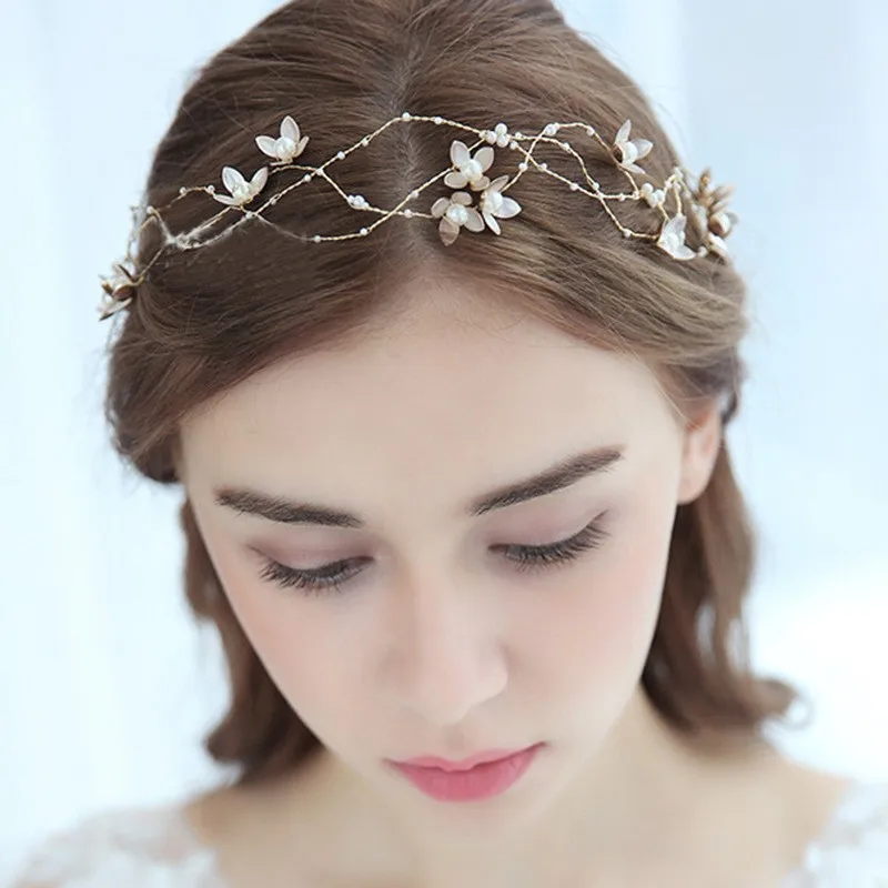 Forseven Flower Headbands Wedding Hair Accessories For Women Pearl Golden Beaded Hairbands Tiaras Bridal Gift Party Hair Jewelry