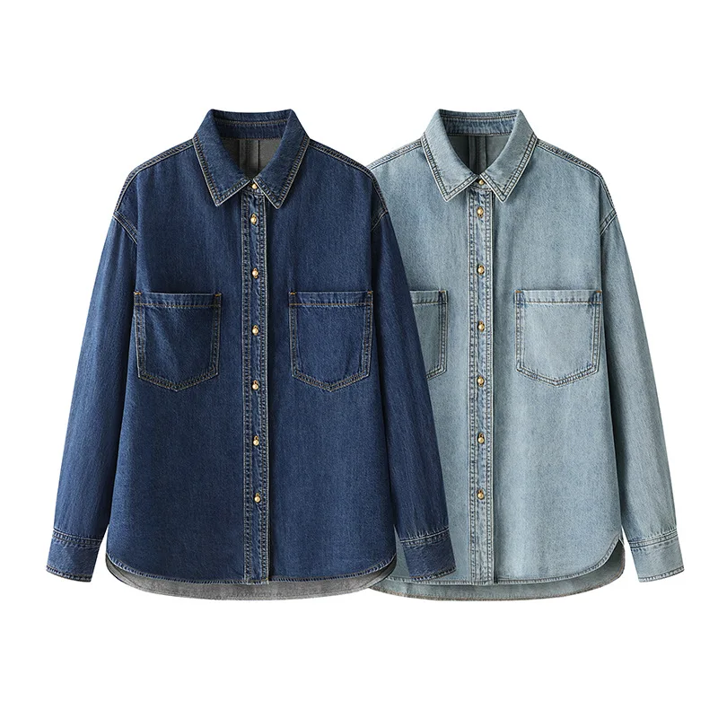 

Women Denim Shirt Coat Overshirt Vintage Blouse Single Breasted Turn Down Collar Pockets Washed 2025 Office Lady Top Jacket