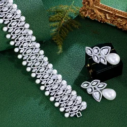 ThreeGraces Elegant Cubic Zirconia Simulated Pearl Choker Necklace and Earrings for Women Luxury Bridal Wedding Jewelry TZ985