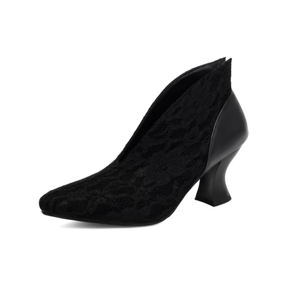 Women's Lace V-Cut Pumps Elegant Wine Glass Heel Dress Shoes 3 Colors Available Black Wine Red Purple Party Wedding Heels 3-935
