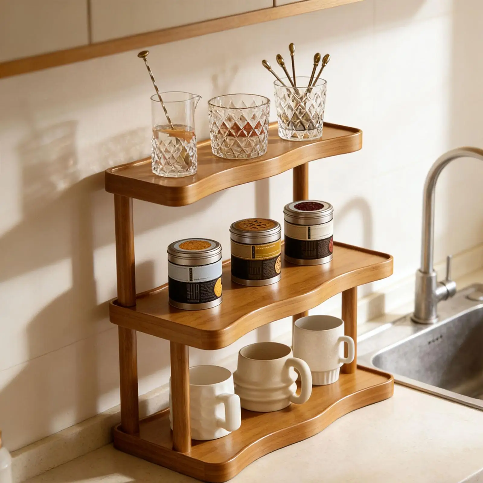 Display Riser Shelf Cup Holder 3 Tier Easy to Clean Gift Wooden Wooden Perfume Stand for Crafts Cosmetic Items Candles Office