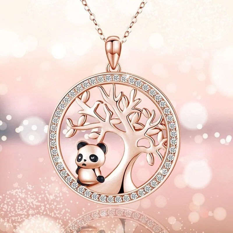 Cute Panda Pendant Animal Round Simulated Opal Bamboo Necklace For Fashion Lover