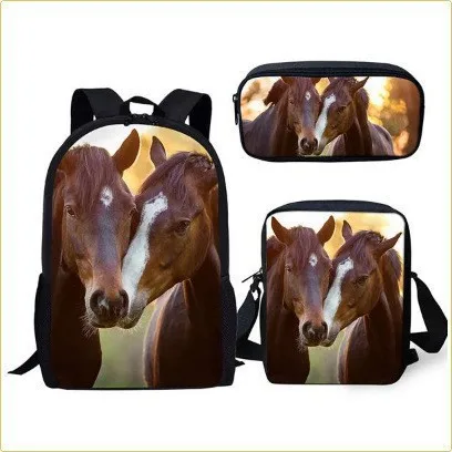 Grassland horse pattern three piece backpack pencil case shoulder bag casual 3D printed backpack set