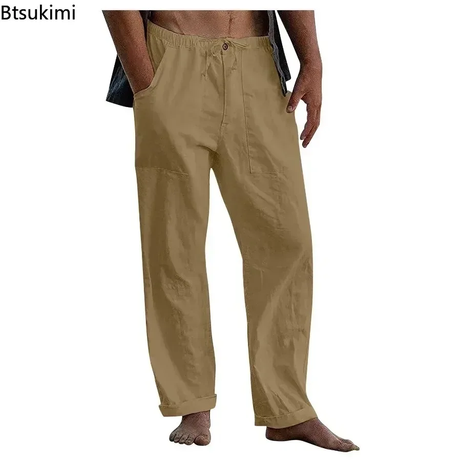 New 2025 Men's Casual Cotton Linen Trousers Wide Leg Pants Breathable Pants Fitness Clothing Men's Workwear Male Jogging Bottoms