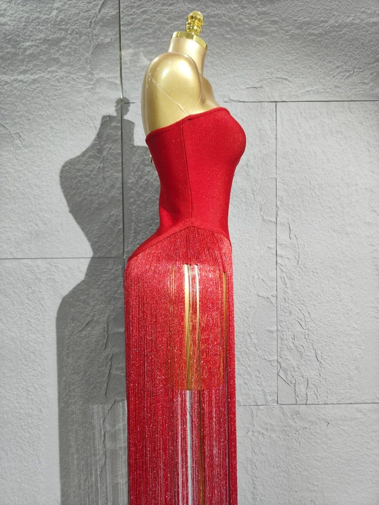 2025 пикантные красные женские элегантные вечерние боди без бретелек с длинными кисточками, бандажный боди, роскошный наряд для дня рождения, ночного клуба, певицы, сценический наряд