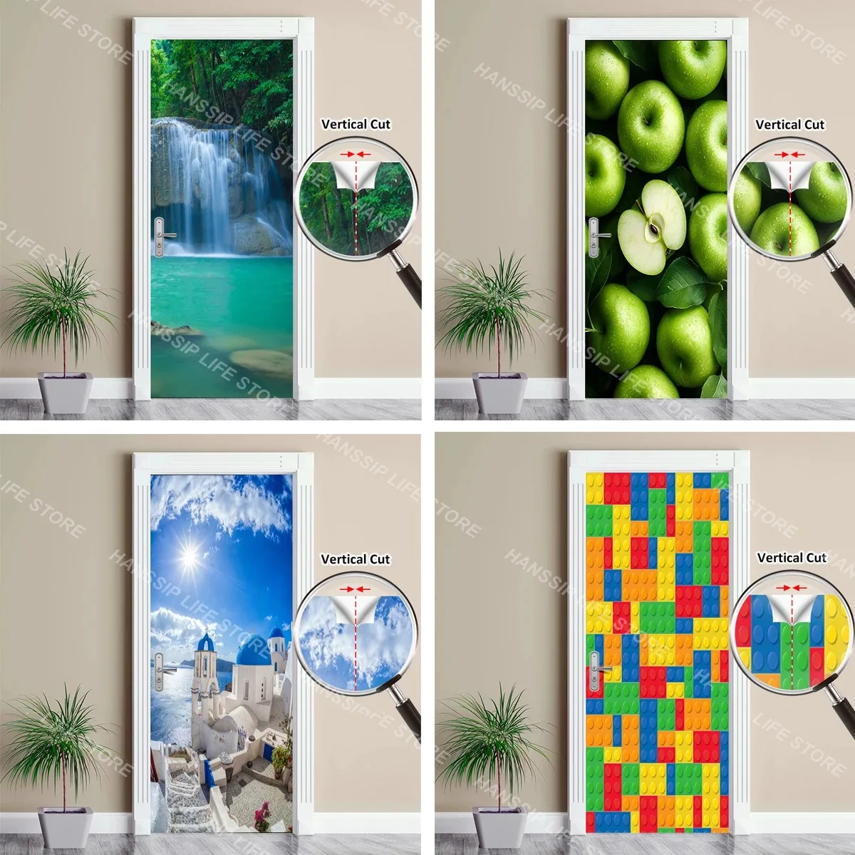 

3D Seaview Castle Door Sticker Adhesive Vinyl Bridge Forest Waterfall Scenery Door Mural Wallpaper DIY Door Wrap Decals
