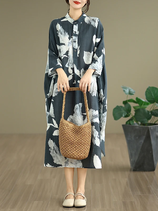 Rétro coton lin imprimé col montant ample longue été Dr t-shirt bouton vacances Dr trajet Sle H pe décontracté Dr