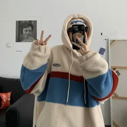 Japonya kore tarzı moda polar Hoodies erkekler Patchwork şerit kapüşonlu eşofman üstü erkek gevşek mont öğrenci rahat kazak Tops