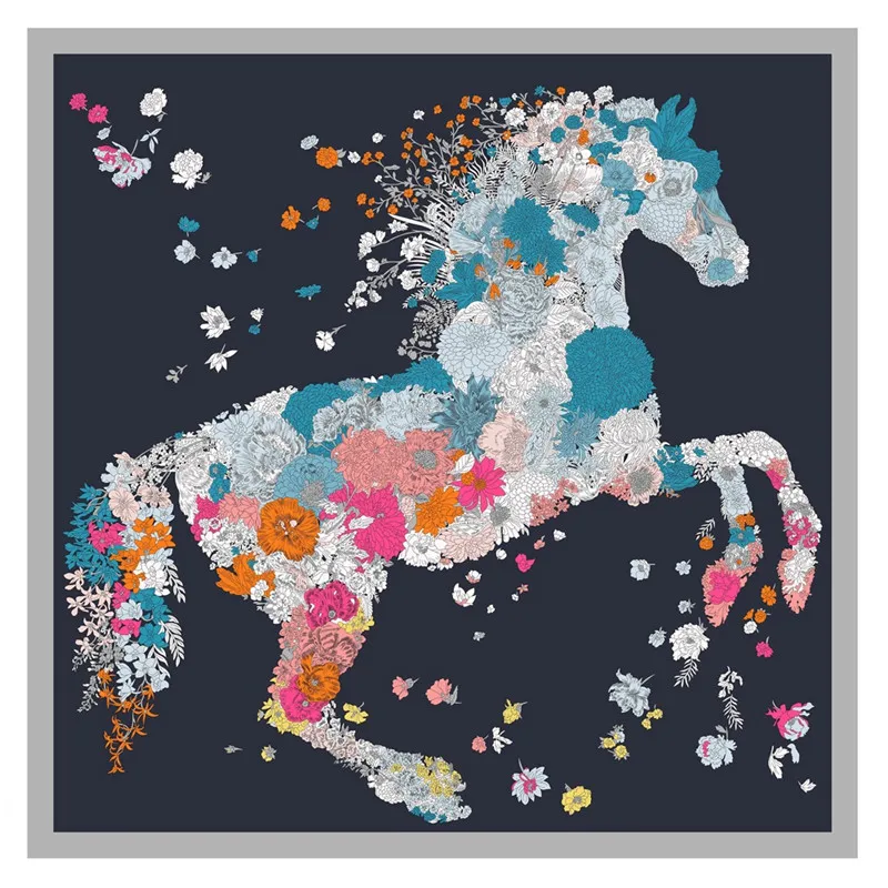 POBING Silk Scarf Women Large Shawls Flowers Horse Stoles Square Bandana Luxury Kerchief Hijab Scarf Female Foulards 130CM