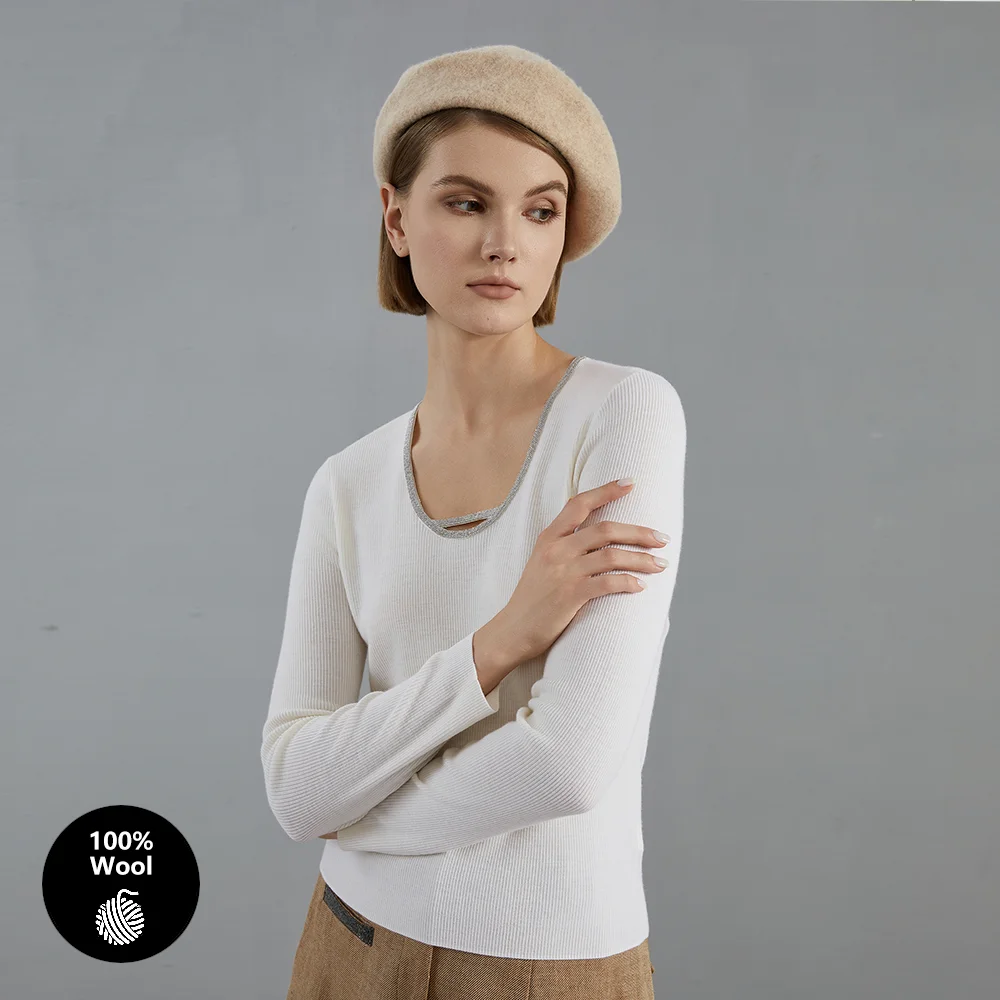 

Pop BC676 100% Merino Wool High Quality Ladies U-neck Knitted Pullover Long Sleeved Women's Knitted Woolen Sweater