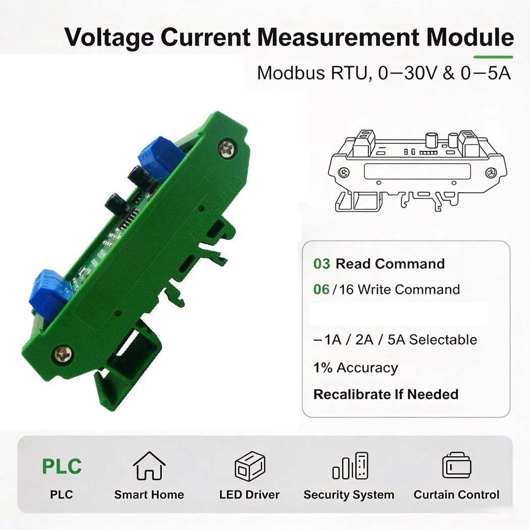 RS485 Modbus RTU Voltage Current Sensor DC 0-30V 0-1A/2A/5A Current Voltage Monitor Module PLC Expansion Home Automation