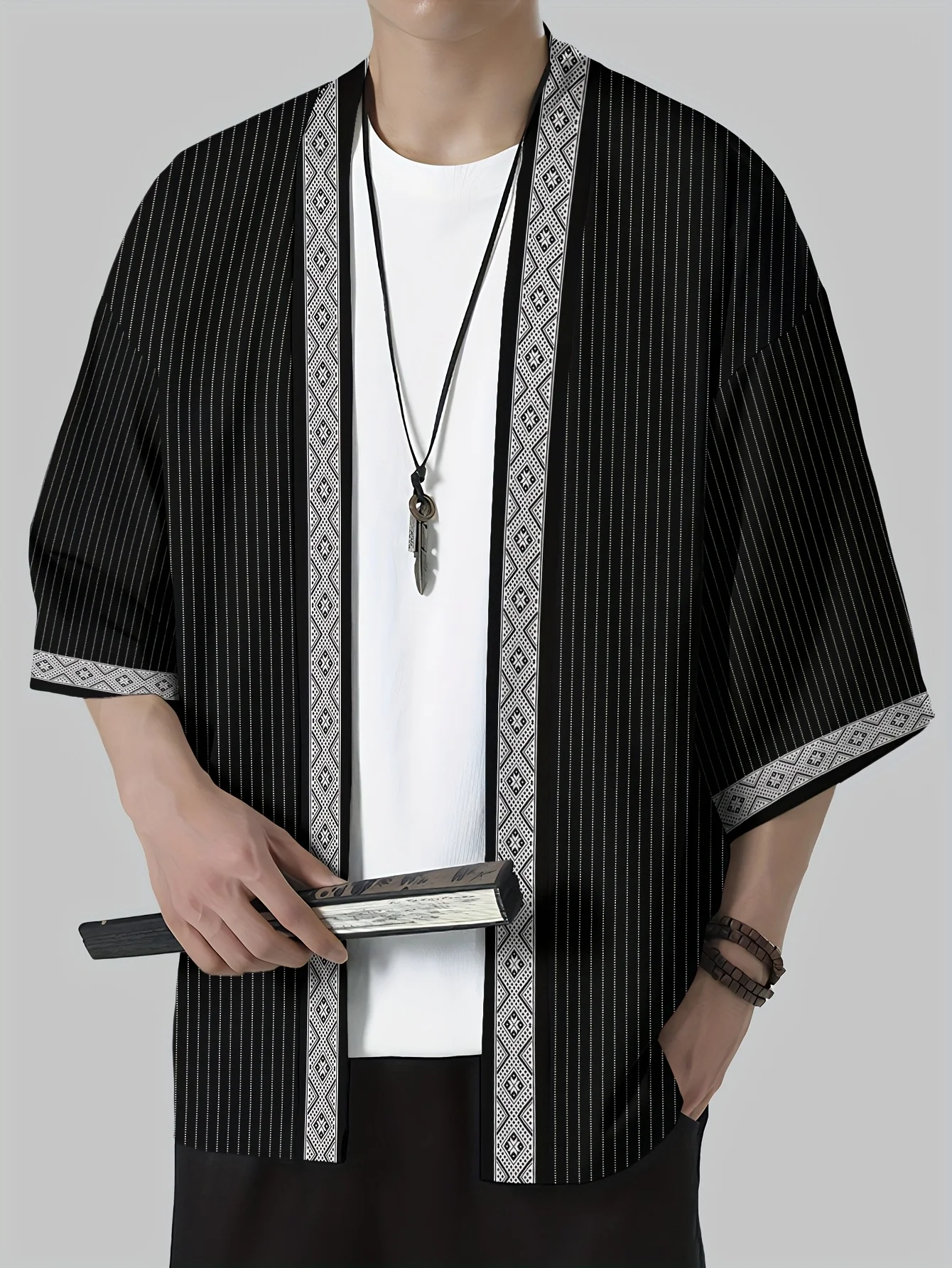 Abito kimono giapponese da uomo, abbigliamento da spiaggia leggero e traspirante in poliestere con stampa geometrica, abito estivo casual, abbigliamento per il tempo libero all'aperto